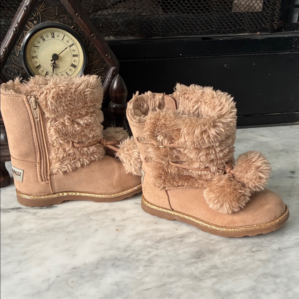 Cozy Tan Kids Boots with Pom Poms - Picture 2 of 11